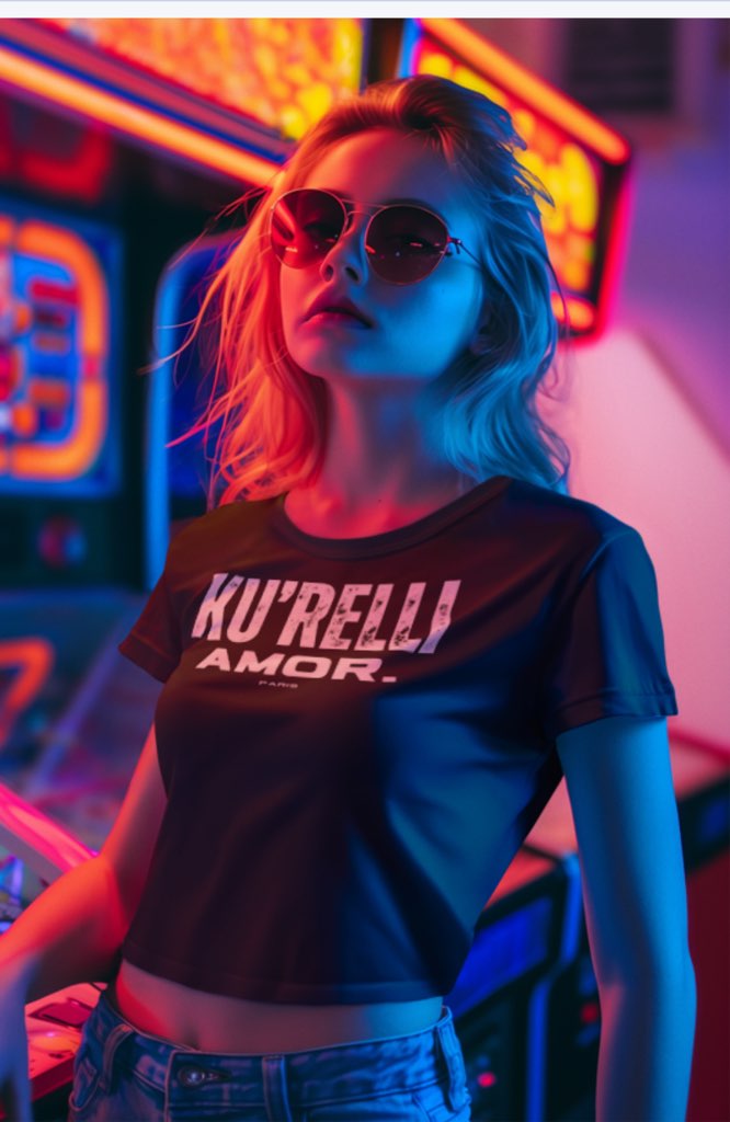 The Ku'Relli Amor tee worn under the neon of an arcade