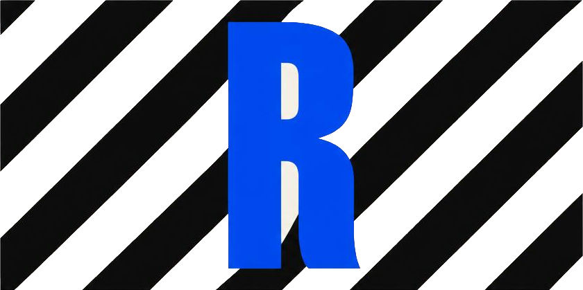 The Rai capsule mark — a black diagonal-striped bar with a blue monogram