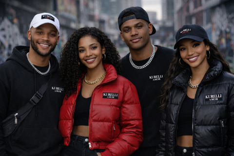 The Ku'Relli Amor crew together on the street in branded caps, jackets and hoodies