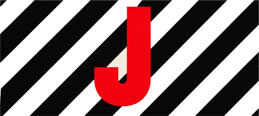 The J.Arie capsule mark — a black diagonal-striped bar with a red monogram